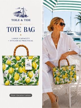 Lemon Grove Bamboo Handle Tote Bag | Beach Resort Vacation Purse | Toile & Tide